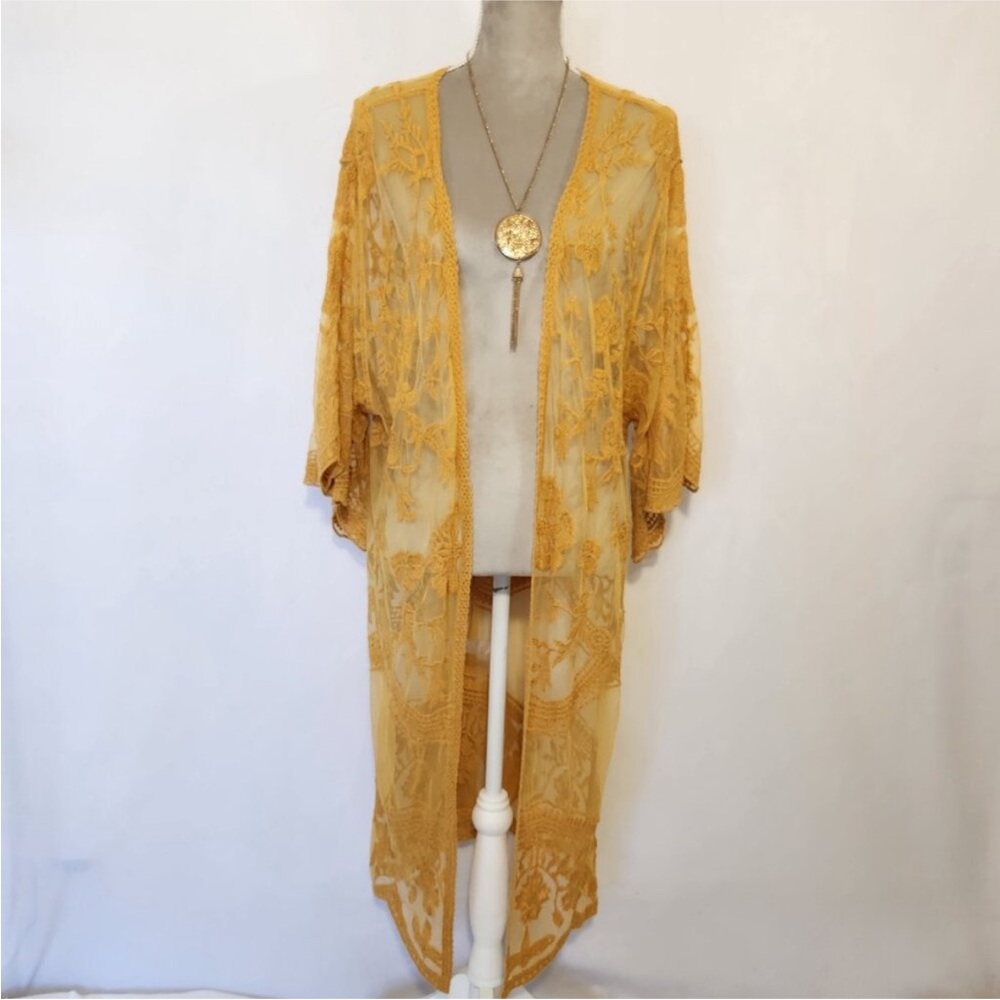 Windsor Women’s Sheer/Lace Mustard Yellow Floral Boho Kimono Duster Cardigan